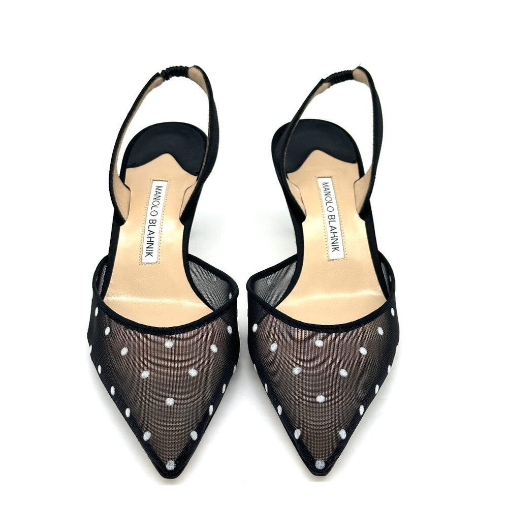 Manolo Blahnik CAROLYNE Polka Dot Mesh Satin Slingback Pumps Sandals Heels - Picture 6 of 16